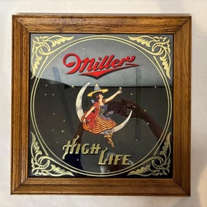 Vtg Miller High Life “Girl on the Moon" 19" x 19" Mirror Beer Bar Oak Frame 1980 - Picture 1 of 9