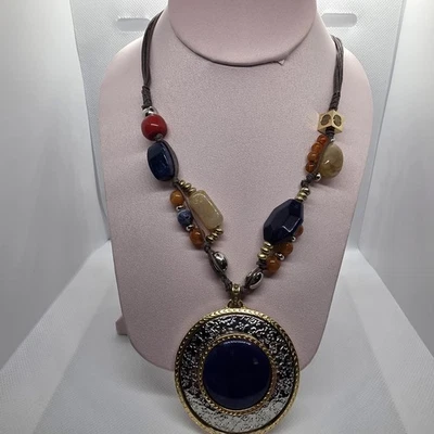 Colgante Disco Chicos Tono Plata y Oro con Collar de Cuentas Círculo Acrílico Azul 16" Foto 1 de 4