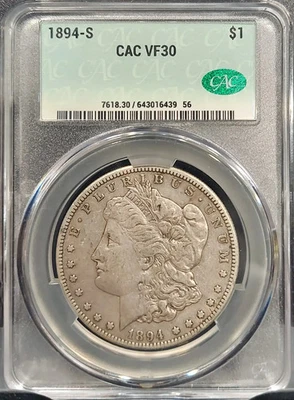 Dólar de plata Morgan 1894 S $1 certificado CACG en estado bastante bueno 30 muy fino (439) Foto 1 de 4