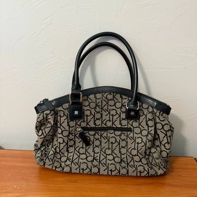 Calvin Klein Monogram Shoulder Bag Tan Black Satchel Purse Leather Detail - Image 1 of 4