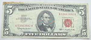 1963 $5 Red Seal Note - Five Dollar Bill - Five - Banknote - Free Shipping - Picture 1 of 2