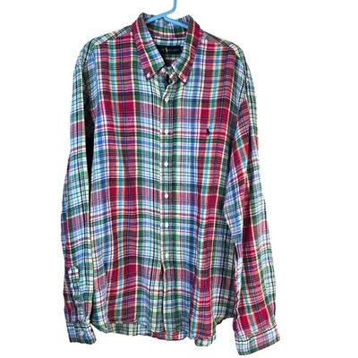 Ralph Lauren Polo Shirt Men's XXL Multicolored Plaid Linen Coastal Nautical  - Image 1 of 4