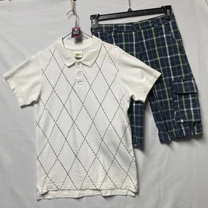 Boys CRAZY 8 Gymboree Youth L White polo shirt, SZ 12 Blue Plaid Shorts - Picture 1 of 10