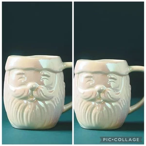 2 ANTHROPOLOGIE PEARLY IVROY MERRY LUSTER SANTA STONEWARE MUG CHRISTMAS NEW SET - Picture 1 of 3