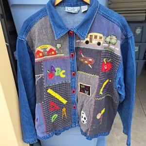 Giacca denim vintage Sara Studios ricamo scuola insegnante 3X patchwork nonna - Foto 1 di 9