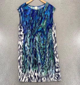 Chicos Dress Womens 2 US Large Blue Animal Print Shift T Shirt Mini Sleeveless - Picture 1 of 11