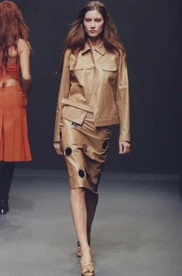 Vintage SS1999 Prada Beige Distressed Leather Biker Jacket runway - Image 1 of 4