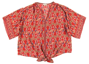 Max Studio Red Blue Orange Floral V-Neck Short Sleeve Tie Blouse Women 3X - Picture 1 of 4