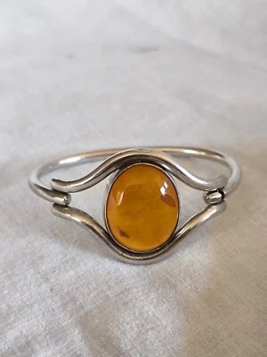 Schöner Bernstein Armreif Armspange Silber Edel Cabochon Design Armband Vintage - Bild 1 von 4