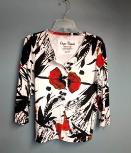 Onque Casuals Woman Sweater Floral Poppy Black Red White Cotton Snap Front Sz M - Imagen 1 de 4