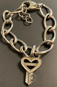 DKNY Women's Heart Key Rhinestone Steel Chain Link Charm Bracelet - Picture 1 of 10