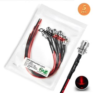 5Pcs Red 12V 8mm Prewired LED Indicator Light Pilot Lamp Bulbs Warning Signal - Picture 1 of 9