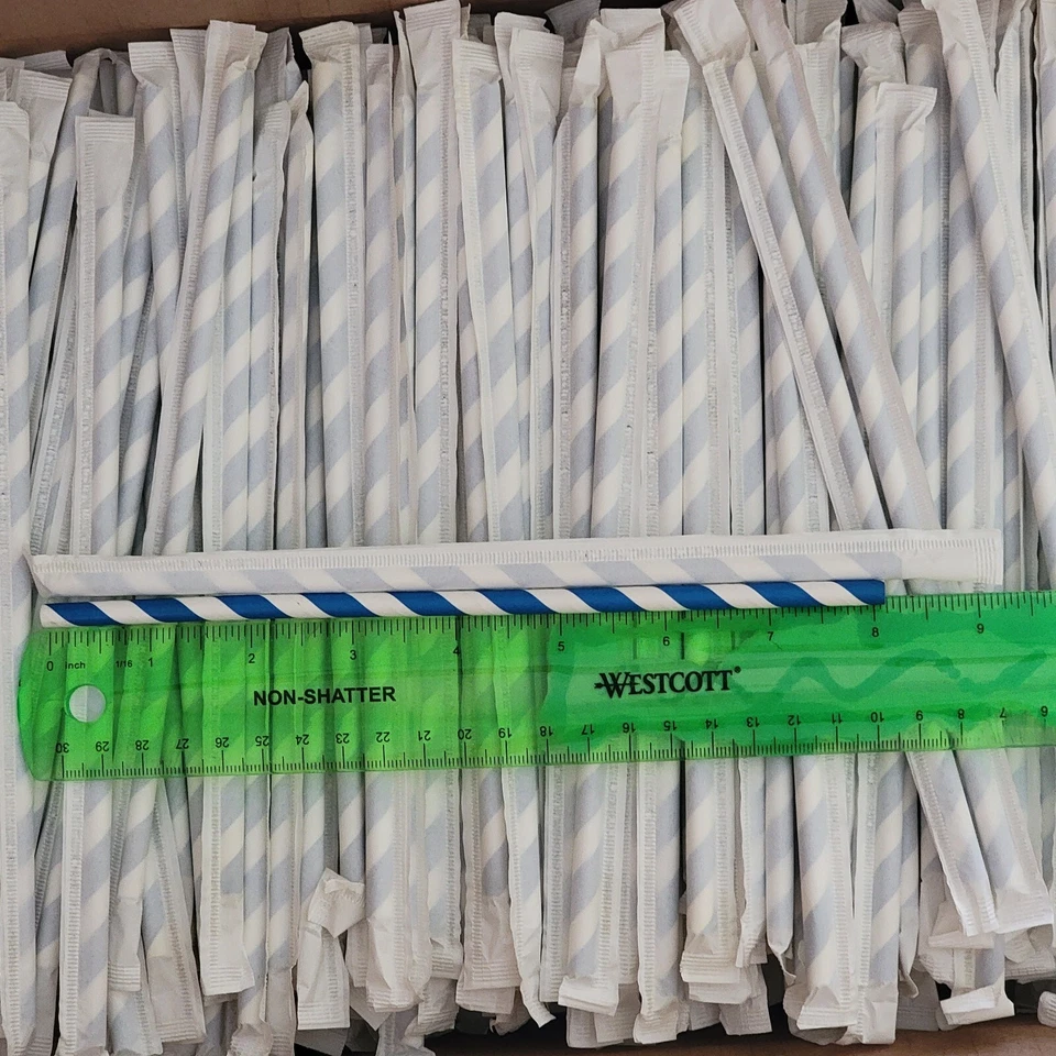 BIO STRAWS, Disposable Paper Straws, BLUE AND WHITE STRIPS, 8 INCHES LONG (1000) - Image 1 of 4