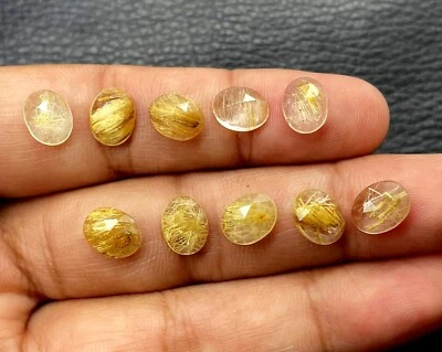 Natural Golden Rutilated Quartz Rose Cut Oval Cabochon, Loose Gemstone 9x7 MM - Image 1 of 4