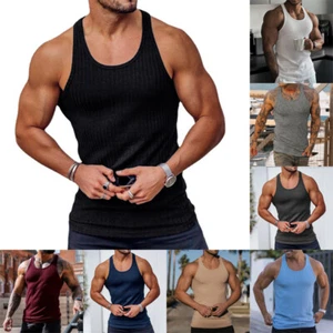 Mens Gym Vest Racerback Bodybuilding Knitted vertical stripe Muscle Stringer - Picture 1 of 24