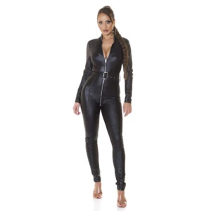 Leather Look Catsuit Full Crotch Zip Jumpsuit Belted KouCla - Black - Picture 1 of 7