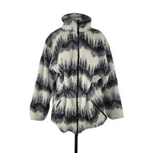 Vtg 90s Cabela's Zip-Up Deep Pile Fleece Jacket Women's M Black Cream Tree Print - Picture 1 of 11