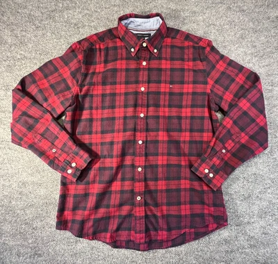 Tommy Hilfiger Shirt Mens M Long Sleeve Button Red Black Plaid Flannel Cotton - Image 1 of 4