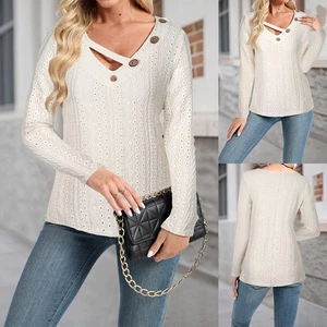 Women Button V-Neck T-Shirt Tunic Tops Ladies Casual Long Sleeve Blouse Pullover - Picture 1 of 12