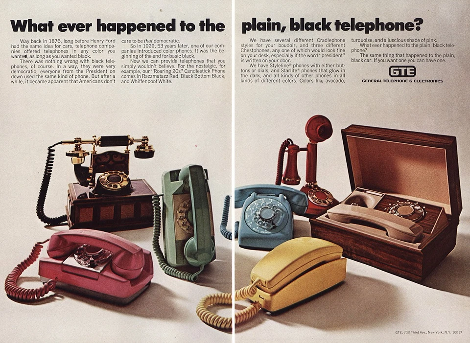 General Telephone GTE 1973: teléfono negro liso anuncio impreso vintage Foto 1 de 1