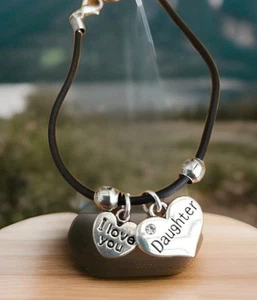 Daughter silver heart I love you & other charms black cord bracelet or necklace - Picture 1 of 6
