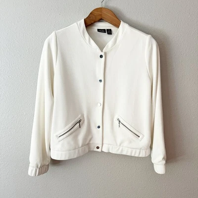 Chico's Size 1 Travelers Collection Textured Knit Bomber Jacket Women's Size Med - Image 1 of 4