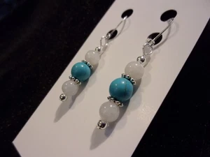 925 Blue Howlite Turquoise w/ White Moonstone Leverback Earrings - Picture 1 of 6