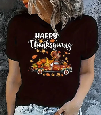 Women's Happy Thanksgiving - Truck, Pumpkins & Fall Leaves Print T-shirt - Image 1 of 4