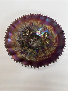 Northwood Carnival Glas Amethyst Früchte Beere Schale Korbgeflecht Rüschenrand - Bild 1 von 8