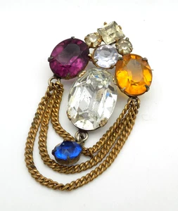 Vintage Multi Colored Glass Rhinestone Brooch Pin Hanging Chain Orange Purple - Picture 1 of 4