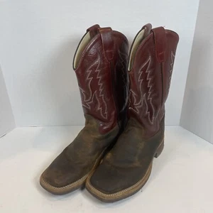 Old West BSY1889  Burgundy Leather Pull On Square Toe Western Boots Kids US 6 D - Picture 1 of 5