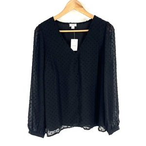 J Crew Shirt Size Small Women Black Clip Dot Sheer Top Long Sleeve Blouse V Neck - Picture 1 of 9