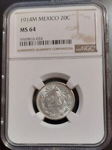 1914 M Mexico 20 Centavos Silver Coin NGC MS64 ++++ CRIMINALLY UNDERGRADED! ++++
