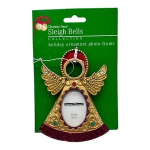 New Vtg Christmas Ornament Angel Holiday Metal Rhinestone Picture Frame NOS - Picture 1 of 5