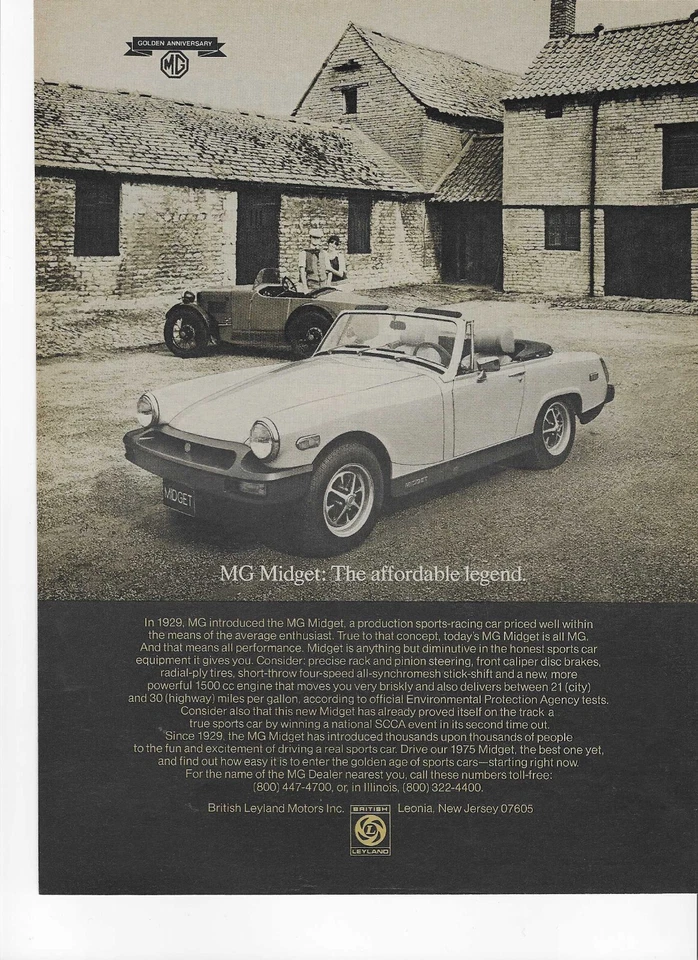 Anuncio impreso original 1975 MG Midget vintage: "MG Midget.  La leyenda asequible." Foto 1 de 1