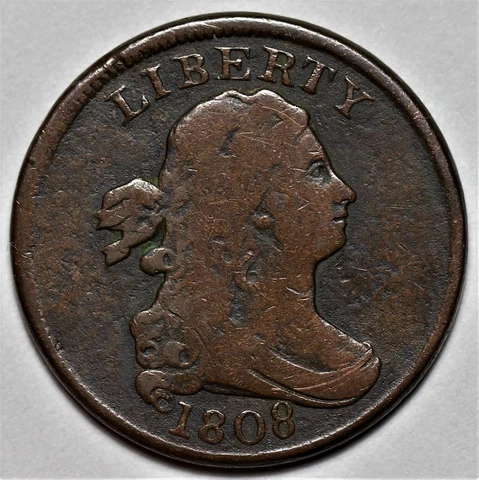 1808 Draped Bust Half Cent - Near 180° Die Rotation - US 1/2c Copper Penny - L37 Cover