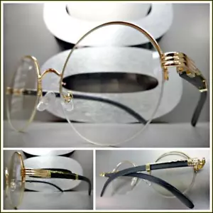 CLASSY VINTAGE RETRO Style Clear Lens EYE GLASSES Round Gold & Wood Wooden Frame - Picture 1 of 10