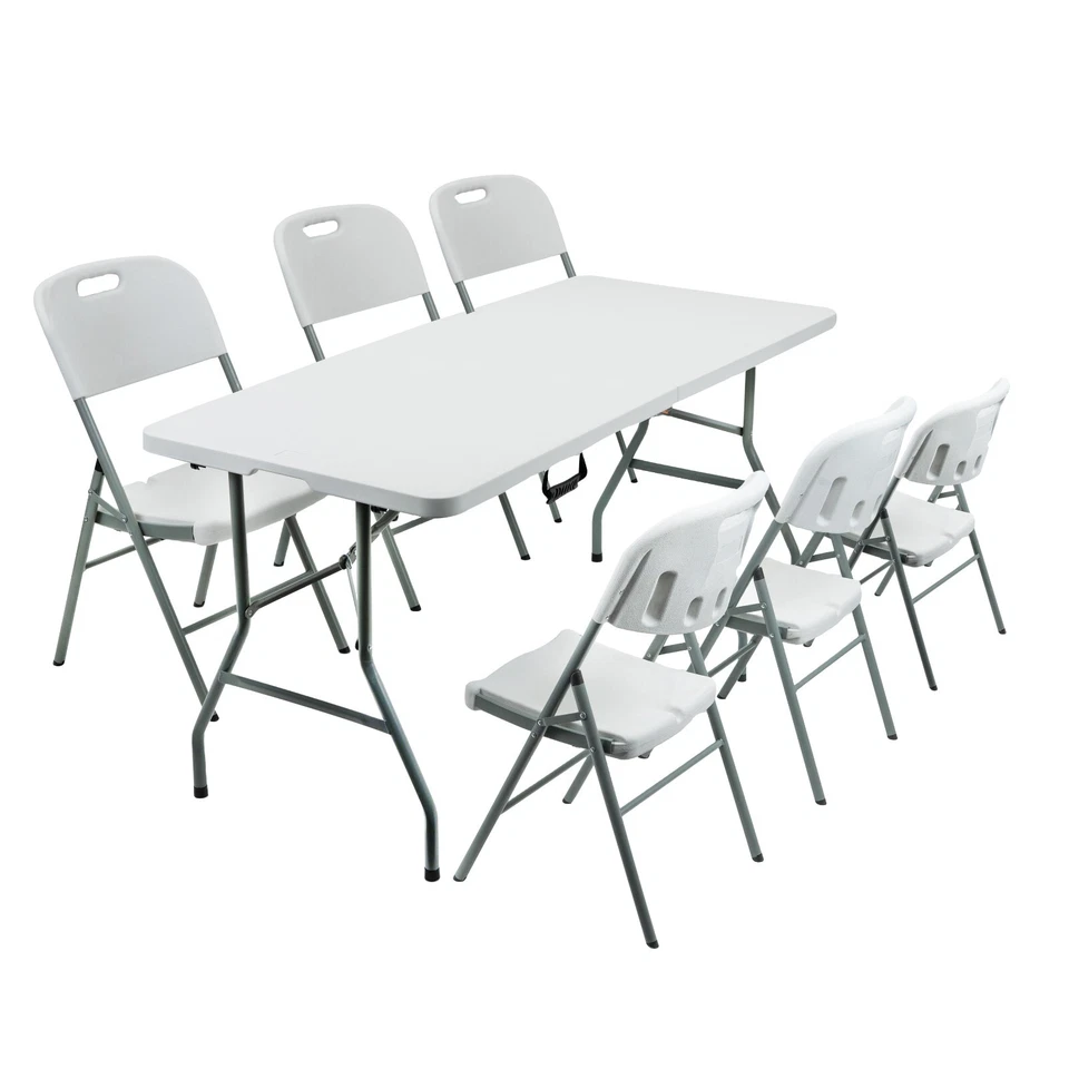 5/6FT CATERING CAMPING HEAVY DUTY FOLDING TRESTLE TABLE PICNIC BBQ PARTY CHAIRS - Image 1 of 1