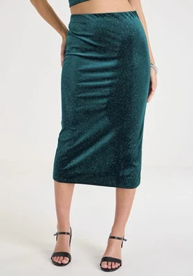 Peacocks Size 16 Green Sparkle Velvet Style Stretch Pencil Skirt - Image 1 of 4