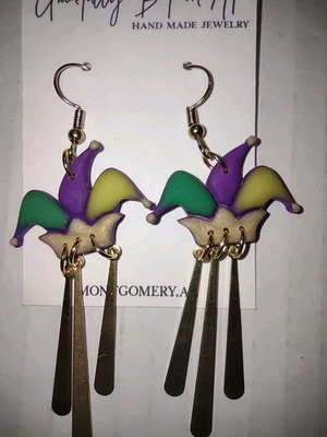 Handmade 3" Dangle Drop Earrings **Mardi Gras - Image 1 of 4