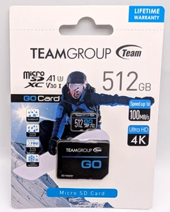 Carte TEAMGROUP GO 512 Go Micro SDXC UHS-I U3 V30 4K, R/W jusqu'à 100/90 Mo/s - Photo 1 sur 4