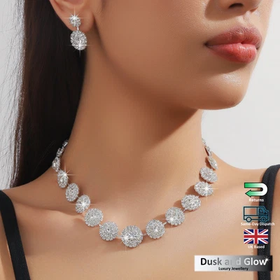 Luxury Zirconia Button Laced Necklace Earrings Jewellery Gift Set Wedding UK NEW - Image 1 of 4