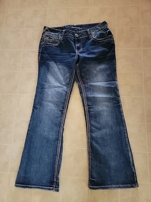 Pantalones de mezclilla amatista, para mujer talla 11, azul, denim, acampanados, bolsillos, desgastados Foto 1 de 3