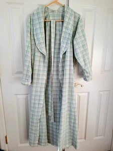 Summer bathrobe long 100% cotton pastel blue/green check womens size M - Picture 1 of 5