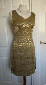 True Vintage ETAM 1990s Gold Baroque Jacquard Bodycon Dress UK 10-12 Petite - Picture 1 of 14