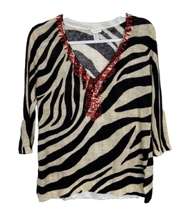 Blusa Chico’s Zebra Top Pequeño Animal Rojo Adornada Túnica Boho Distintiva Lino - Imagen 1 de 7