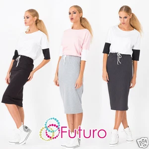 Woman's Casual Plain Pencil Skirt With Belt Stretch Midi Skirt Size 8-12 FA340 - Picture 1 of 4