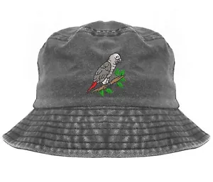 Cappello a secchio ricamato grigio pappagallo africano, cappello a secchio tinto pigmento - Foto 1 di 5