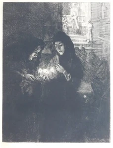 Paul-Albert Besnard matita acquaforte firmata "Nuit de Noel a Fontarbie" - Foto 1 di 6