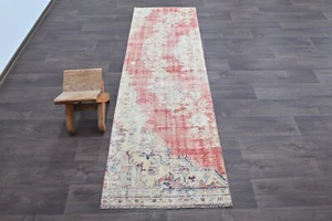 Vintage Turkish Runner Rug 2x7ft Wool Anatolian Handmade Hallway Oushak RED - Picture 1 of 10